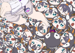  6+girls animal_hood anime_coloring black_hair black_shoes blue_eyes charm_(object) chibi clone closed_eyes closed_mouth commentary dot_mouth elira_pendora elira_pendora_(1st_costume) english_commentary expressionless from_above grey_overalls happy hood hood_up hoodie hugging_another's_leg key keyring long_sleeves looking_at_viewer looking_up mini_person minigirl multicolored_hair multiple_girls nijisanji nijisanji_en npppiyo odd_one_out orange_hair overall_shorts overalls penguin_hood petra_gurin petra_gurin_(1st_costume) shoes smile socks standing surrounded sweatdrop sweater too_many two-tone_hair virtual_youtuber white_socks white_sweater yurie_mouth 