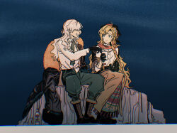  2girls arm_out_of_sleeve black_boots black_coat black_gloves blue_background blue_eyes blue_sky boots bottle brown_jacket brown_skirt coat cup full_body gloves green_necktie green_pants grin hair_over_eyes headscarf highres holding holding_cup jacket kani_(kaniya) long_hair long_skirt looking_at_another multiple_girls necktie on_rock pants profile red_headscarf red_scarf reverse:1999 scarf shirt sitting skirt sky smile toasting_(gesture) vila_(reverse:1999) white_hair white_shirt windsong_(reverse:1999) 