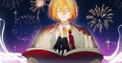  1other 6+boys 6+girls aerial_fireworks black_coat black_jacket blonde_hair book closed_eyes closed_mouth coat dante_(limbus_company) don_quixote_(project_moon) english_commentary faust_(project_moon) fireworks flaming_head gregor_(project_moon) hair_between_eyes hashtag-only_commentary heathcliff_(project_moon) highres holding holding_book hong_lu_(project_moon) jacket limbus_company meursault_(project_moon) multiple_boys multiple_girls necktie night open_clothes open_coat outis_(project_moon) people project_moon red_necktie rodion_(project_moon) ryoshu_(project_moon) shirt short_hair sidelocks silhouette sinclair_(project_moon) sixgod sky smile white_shirt yi_sang_(project_moon) 