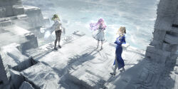  3girls absurdres black_shoes black_socks blue_dress blue_eyes character_request dalanxia dress game_cg girls'_frontline_2:_exilium girls_frontline helena_(girls'_frontline_2) highres incredibly_absurdres long_hair multiple_girls ocean official_art pink_hair shoes socks standing 