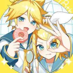  1boy 1girl :3 anniversary blonde_hair blue_eyes bow_hairband commentary doughnut food hair_ornament hairband hairclip hami_(hmh2) hand_on_another's_head headphones highres holding holding_donut holding_food holding_magnifying_glass kagamine_len kagamine_rin long_sleeves looking_at_viewer magnifying_glass nail_polish necktie ok_sign ok_sign_over_eye open_mouth ponytail sailor_collar shirt short_hair short_ponytail sleeveless sleeveless_shirt smile tongue tongue_out vocaloid yellow_background 