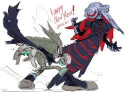  1boy 1girl aged_up alternate_design animal_ears animal_nose battle black_dress body_fur boots bracelet cape commentary digital_dissolve dress english_commentary furry furry_male glitch gloves gold_bracelet grey_fur hair_over_one_eye hedgehog_boy highres jewelry kornart long_sleeves multicolored_hair red_eyes sage_(sonic) short_tail silver_the_hedgehog sonic_(series) sonic_frontiers sonic_the_hedgehog_(2006) tail white_fur white_gloves white_hair wide_sleeves yellow_eyes 