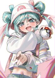  1girl :d absurdres aqua_hair blush commentary_request glorious_day_(vocaloid) green_tea_(matchaistasty) grey_skirt hair_through_headwear hatsune_miku highres holding holding_poke_ball long_hair long_sleeves midriff multicolored_hair navel official_alternate_costume official_alternate_hairstyle open_mouth pink_bag pink_hair poke_ball poke_ball_print pokemon project_voltage shirt simple_background skirt smile solo stomach twintails very_long_hair vocaloid white_background white_shirt 