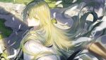  1other androgynous commentary_request enkidu_(fate) fate/grand_order fate/strange_fake fate_(series) feathers floating_hair grass green_eyes green_hair hair_between_eyes highres long_hair looking_at_viewer outdoors robe shadow solo sunlight tobi_(pixiv41237754) very_long_hair white_robe 