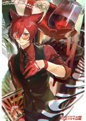  1boy absurdres alcohol animal_ears artist_name black_necktie black_vest cat_boy cat_ears chromatic_aberration clothing_cutout collared_shirt commentary_request couch cup cupping_glass dress_shirt drinking_glass eyewear_strap final_fantasy final_fantasy_xiv g'raha_tia glove_cutout gloves grin highres holding holding_cup levittank looking_at_viewer male_focus miqo'te multiple_views necktie red-tinted_eyewear red_eyes red_gloves red_hair red_shirt red_wine round_eyewear shirt short_hair smile solo tinted_eyewear twitter_username vest waiter wine wine_glass 