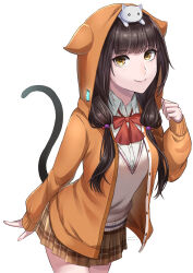  1girl absurdres animal_ear_hood animal_ears animal_on_head arm_behind_back asakura_karen_(heaven_burns_red) black_hair blunt_bangs bow bowtie brown_skirt cat cat_ears cat_on_head cat_tail clenched_hand closed_mouth collared_shirt commentary_request cowboy_shot dated eyelashes fake_animal_ears fake_tail hair_bobbles hair_ornament hand_up heaven_burns_red highres hood hood_up hoodie light_blush lips long_hair looking_at_viewer low_twintails miniskirt nil_(pixiv_53614557) on_head open_clothes open_hoodie orange_hoodie plaid_clothes plaid_skirt pleated_skirt red_bow red_bowtie shirt simple_background skirt sleeves_past_wrists smile solo tail twintails white_background white_cat white_shirt yellow_eyes 