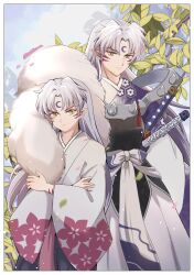  2boys age_progression arm_markings armor artist_name border commentary_request cowboy_shot crescent crescent_facial_mark crossed_arms facial_mark fingernails forehead_mark highres inuyasha japanese_armor japanese_clothes long_fingernails long_hair male_focus miokame multiple_boys parted_bangs pointy_ears sesshoumaru shoulder_spikes spikes sword weapon white_border white_hair yellow_eyes 