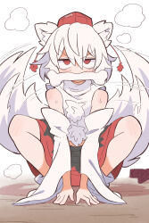  1girl afterimage animal_ear_fluff animal_ears between_legs black_skirt bone bone_in_mouth commentary_request detached_sleeves dot_nose geta hair_between_eyes half-closed_eyes hand_between_legs hat highres inubashiri_momiji kurachi_mizuki light_blush long_sleeves messy_hair midriff_peek motion_lines partial_commentary partially_shaded_face pom_pom_(clothes) puff_of_air red_eyes red_hat red_shoes red_skirt shirt shoes short_hair shoulder_blush sitting skirt socks solo sweatdrop tail tail_wagging tengu-geta tokin_hat touhou two-tone_skirt unworn_shoes v-shaped_eyebrows white_hair white_shirt white_socks wide_sleeves wolf_ears wolf_girl wolf_tail 