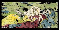  1boy 1girl arrow_(projectile) arrow_in_body arrow_in_ground arrow_in_head arrow_in_leg artist_name black_border border bridal_gauntlets closed_eyes colored_eyelashes commentary death dress earrings elf english_commentary fantasy gold_earrings gold_headwear gold_ring grass hand_on_another's_chest helm helmet hetero jewelry knight long_hair lying lying_on_person magnagallina object_through_head original overgrown painting_(medium) pointy_ears red_robe robe rubble skeleton skull traditional_media watercolor_(medium) yellow_dress 