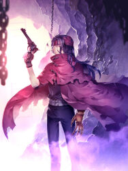  1boy belt black_gloves black_hair black_pants black_shirt cave chain clawed_gauntlets cloak closed_mouth feet_out_of_frame final_fantasy final_fantasy_vii fingerless_gloves gloves gun handgun headband highres holding holding_gun holding_weapon long_hair looking_at_viewer male_focus multiple_belts pants parted_bangs red_cloak red_eyes red_headband shirt sleeves_rolled_up solo sunakumo torn_cloak torn_clothes vincent_valentine weapon 
