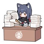  1girl :3 animal_ears arknights black_gloves black_hair blush_stickers brown_eyes chibi clipboard ear_piercing fingerless_gloves gloves holding holding_clipboard huang_qing_ye id_card jacket lowres paper_stack piercing redhead simple_background solo texas_(arknights) white_background white_jacket wolf_ears wolf_girl 