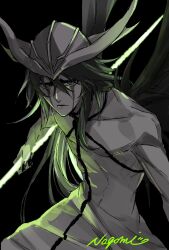  1boy arrancar artist_name black_background bleach demon_wings energy_spear energy_weapon expressionless facial_mark green_eyes hair_between_eyes helmet highres hishui_prpr holding holding_polearm holding_weapon hole_in_chest hole_on_body long_hair looking_at_viewer polearm resurreccion signature solo spear ulquiorra_cifer weapon wings 