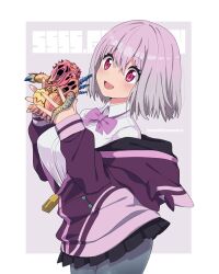  1girl :d black_skirt blush border bow bowtie breasts collared_shirt commentary company_connection contrapposto copyright_name cowboy_shot creator_connection dress_shirt figure fingernails gradient_hair grey_background grey_hair grey_pantyhose gridman_universe hair_between_eyes hands_up hasegawa_keiichi holding holding_figure hood hood_down hooded_jacket jacket jacket_partially_removed kaiju kutuura large_breasts legs_together long_sleeves looking_ahead medium_hair miniskirt monster multicolored_hair nashirasauce open_mouth outside_border pantyhose pink_eyes pink_hair pleated_skirt purple_bow purple_bowtie purple_jacket school_uniform shinjou_akane shirt skirt smile solo spread_fingers ssss.gridman standing tokusatsu twitter_username two-tone_hair ultra_series ultraman_nexus_(series) white_border white_shirt 