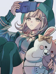  1girl :o breasts brown_hair collared_shirt commentary_request danganronpa_(series) danganronpa_2:_goodbye_despair diaper flipped_hair hair_ornament highres hishaku_(hisyakusama) hood jacket long_sleeves medium_hair monomi_(danganronpa) nanami_chiaki neck_ribbon open_clothes open_jacket pink_eyes ribbon ribbon-trimmed_thighhighs ribbon_trim shirt skirt thigh-highs white_shirt 