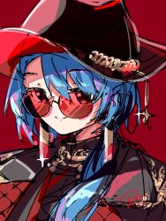  1girl black-framed_eyewear black_hat black_jacket black_shirt blue_hair closed_mouth commentary glasses hat highres hololive hoshimachi_suisei hoshimachi_suisei_(oriental_suit) jacket looking_at_another looking_at_viewer medium_hair official_alternate_costume official_alternate_hair_length official_alternate_hairstyle red_background shirt smile solo star_(symbol) star_in_eye symbol_in_eye u_da_desu virtual_youtuber 