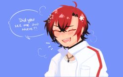  1boy ahoge blue_background blush closed_eyes english_text fangs highres holostars holostars_english jacket looking_at_viewer machina_x_flayon male_focus mangosign necktie open_mouth red_hair short_hair simple_background smile solo speech_bubble steam sweat upper_body virtual_youtuber white_jacket 