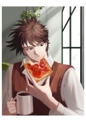  1boy absurdres battle_tendency bread bread_slice brown_hair brown_sweater_vest chewing collared_shirt cup food green_eyes highres holding holding_cup holding_food indoors jam jojo_no_kimyou_na_bouken joseph_joestar joseph_joestar_(young) long_sleeves magurosamm male_focus mug shirt short_hair solo sweater_vest toast upper_body 