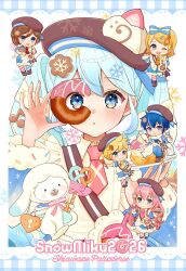  2026 2boys 4girls ;d alternate_eye_color asymmetrical_legwear blonde_hair blue_bow blue_dress blue_eyes blue_hair blue_pantyhose blush bow brown_hat cake character_name closed_mouth collared_dress commentary cream dot_mouth dot_nose doughnut dress english_text fingernails food food-themed_hair_ornament full_body hair_bow hair_ornament hat hatsune_miku highres holding holding_donut holding_food holding_key holding_pastry_bag holding_plate holding_whisk kagamine_len kagamine_rin kaito_(vocaloid) key megurine_luka meiko_(vocaloid) mismatched_legwear mofmama multicolored_hair multicolored_pantyhose multiple_boys multiple_girls musical_note musical_note-themed_food musical_note_hair_ornament necktie one_eye_closed pantyhose pastry_bag pink_necktie pink_pantyhose plate pretzel rabbit_yukine scarf smile snowflakes streaked_hair strwaberry swiss_roll twintails vocaloid whisk white_hair white_pantyhose white_scarf yuki_kaito yuki_len yuki_luka yuki_meiko yuki_miku yuki_miku_(2026) yuki_rin 