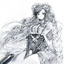  1girl angel_wings breasts closed_mouth commentary_request crop_top dizzy_(guilty_gear) elbow_gloves fingerless_gloves flower gloves greyscale guilty_gear guilty_gear_strive hair_flower hair_ornament highres large_breasts long_hair looking_at_viewer monochrome nt50 queen_dizzy smile solo traditional_media wings 