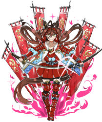  1girl animal_ears antenna_hair arm_guards armor asuka_(junerabitts) black_thighhighs blue_coat boots breasts brown_hair closed_mouth coat flag hair_between_eyes headband holding holding_sword holding_weapon horse_ears horse_girl horse_tail jacket japanese_armor katana long_hair looking_at_viewer no_reason_(speedy_red_armor)_(umamusume) no_reason_(umamusume) red_armor red_boots red_headband rope skirt smile solo sword tail thigh-highs umamusume weapon yellow_eyes 