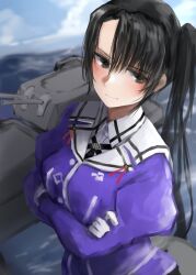  1girl 73suke absurdres black_hair blue_sky brown_eyes cannon clouds collared_shirt commentary_request crossed_arms dress_shirt gloves highres jacket juliet_sleeves kantai_collection long_sleeves nachi_(kancolle) ocean puffy_sleeves purple_jacket rigging shirt side_ponytail sky solo upper_body white_gloves white_shirt 