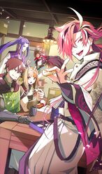  1girl 4boys amzk_knr black_hair brown_hair cape facial_hair fate/grand_order fate_(series) food gauntlets goatee hair_over_one_eye hat hector_(fate) highres izumo_no_okuni_(fate) japanese_clothes kimono lamp long_hair multicolored_hair multiple_boys oda_kippoushi_(fate) oda_nobunaga_(fate) ponytail purple_hair redhead sasaki_kojirou_(fate) single_gauntlet split-color_hair sweets takasugi_shinsaku_(fate) 