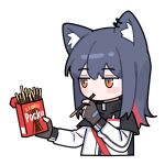  1girl animal_ears arknights black_gloves black_hair blush_stickers brown_eyes chibi ear_piercing eating fingerless_gloves food gloves holding holding_food huang_qing_ye id_card jacket lowres piercing pocky redhead simple_background solo texas_(arknights) upper_body white_background white_jacket wolf_ears wolf_girl 