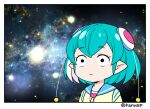  1girl :| antennae aqua_hair blue_sailor_collar border closed_mouth hagoromo_lala hair_ornament jacket kanya_pyi looking_at_viewer multicolored_hair o_o pink_hair pointy_ears precure sailor_collar short_hair sky solo space star_(sky) star_twinkle_precure starry_sky streaked_hair twitter_username upper_body wide-eyed yellow_jacket 