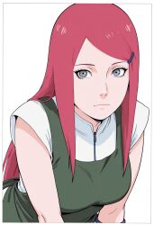  1girl ai-generated breasts collar_dress grey_eyes highres long_hair mature_female naruto_(series) non-web_source red_hair shirt short_sleeves swept_bangs uzumaki_kushina 