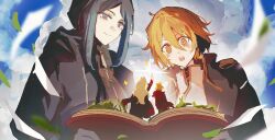  +_+ 1boy 2girls ascot bags_under_eyes bari_(project_moon) black_ascot black_coat black_jacket blonde_hair blue_eyes blue_hair blush book clouds coat day don_quixote_(project_moon) feather_boa flying_grass glint hashtag-only_commentary highres holding holding_book jacket la_manchaland's_don_quixote_(project_moon) limbus_company long_hair medium_hair multiple_girls official_alternate_costume pointing pointing_up project_moon sancho_(project_moon) shirt short_hair sixgod sky white_hair white_shirt yellow_eyes 