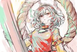  1girl breasts commentary_request hair_ornament layered_sleeves leaf_hair_ornament long_sleeves looking_at_viewer medium_breasts onbashira red_eyes red_shirt rope shimenawa shirt short_over_long_sleeves short_sleeves sketch solo touhou upper_body wataichi_meko yasaka_kanako 