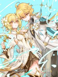  1boy 1girl aether_(as_heaven_and_earth_are_made_anew)_(genshin_impact) aether_(genshin_impact) ahoge artist_name bare_shoulders black_gloves black_shirt blonde_hair blue_background blue_feathers boots breasts brother_and_sister brown_boots brown_dress brown_eyes closed_mouth cowboy_shot detached_sleeves dress earrings feathers fingerless_gloves floating_hair flower flower_ornament genshin_impact gloves gold_trim grey_pants hair_between_eyes hair_flower hair_ornament hair_ribbon hand_on_own_chest high_heel_boots high_heels highres jacket jewelry juliet_sleeves karakusa_(ototsukiharu) lapels long_hair long_sleeves looking_at_viewer low_ponytail lumine_(as_heaven_and_earth_are_made_anew)_(genshin_impact) lumine_(genshin_impact) mandarin_collar medium_breasts official_alternate_costume official_alternate_hairstyle open_clothes open_jacket pants petals ponytail puffy_long_sleeves puffy_sleeves ribbon shirt short_hair siblings sidelocks simple_background single_earring sleeveless sleeveless_dress standing star_(symbol) star_earrings teeth two-tone_dress vest watermark wavy_hair white_dress white_feathers white_flower white_jacket white_ribbon white_sleeves white_vest wide_sleeves yellow_eyes yellow_ribbon 