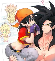  black_hair blue_eyes broly_(dragon_ball_z) closed_mouth dougi dragon_ball dragon_ball_gt dragon_ball_z gloves highres long_hair monkey_boy multiple_boys muscular muscular_male ommmyoh open_mouth pan_(dragon_ball) pants red_fur saiyan sash smile son_goku spiky_hair super_saiyan super_saiyan_1 super_saiyan_4 twitter_username wristband 
