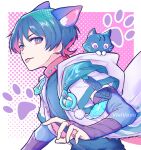  2boys animal_ears black_cat border cat cat_boy cat_ears collar dual_persona genshin_impact highres male_focus multicolored_eyes multicolored_hair multiple_boys paw_print pink_eyes pink_hair purple_hair red_collar scaramouche_(cat)_(genshin_impact) scaramouche_(genshin_impact) short_hair tongue tongue_out twitter_username violet_eyes vision_(genshin_impact) vivivovo wanderer_(genshin_impact) white_border 