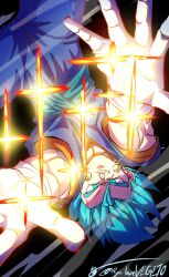  1boy black_background blue_eyes blue_hair blue_pants blue_sash blue_shirt commentary_request cowboy_shot dougi dragon_ball dragon_ball_super earrings gloves glowing highres jewelry male_focus medium_hair orange_shirt pants potara_earrings ryo_lovevegito sash shirt signature solo spiky_hair super_saiyan super_saiyan_blue twitter_username upside-down vegetto white_gloves 