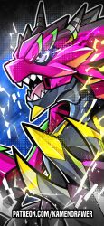  armalizamon armor ashmish commentary digimon digimon_(creature) electricity english_commentary highres horns lizard no_humans open_mouth pink_armor sharp_teeth teeth upper_body violet_eyes web_address 