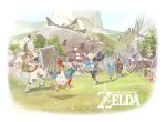  black_pants blonde_hair blue_tunic blue_vest brown_pants canvas_(object) cucco grass highres horse kakariko kchang57 korok link mountainous_horizon pants pikango princess_zelda princess_zelda_(botw) scenery the_legend_of_zelda the_legend_of_zelda:_breath_of_the_wild vest village white_hair wide_shot 