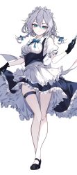  1girl absurdres apron back_bow black_gloves black_shoes blue_bow blue_bowtie blue_dress blue_eyes bow bowtie braid breasts closed_mouth collared_shirt commentary_request dress frilled_dress frills full_body gloves grey_hair hair_bow highres holding holding_knife izayoi_sakuya knife long_hair looking_at_viewer maid maid_headdress mary_janes medium_breasts puffy_short_sleeves puffy_sleeves shirt shoes short_sleeves simple_background smile solo stitched thigh_strap touhou twin_braids waist_apron white_apron white_background white_shirt yamanakaume 