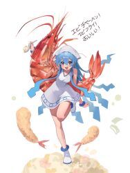 1girl blue_eyes blue_hair bracelet breasts coloringday dress food fried_rice full_body hair_between_eyes hat highres holding holding_spoon ikamusume jewelry long_hair looking_at_viewer open_mouth shinryaku!_ikamusume shoes shrimp shrimp_tempura simple_background sleeveless sleeveless_dress small_breasts smile solo spoon squid_hat standing standing_on_one_leg tempura tentacle_hair translation_request v-shaped_eyebrows very_long_hair white_background white_dress white_hat white_shoes 