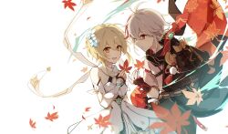  1boy 1girl :d anemo_symbol_(genshin_impact) antenna_hair armor bandaged_hand bandages bare_shoulders blonde_hair cape closed_mouth crossed_bangs detached_sleeves dress fingerless_gloves flower genshin_impact gloves hair_between_eyes hair_flower hair_ornament highres holding holding_leaf huhu_norii japanese_armor japanese_clothes kaedehara_kazuha kimono leaf leaf_print lumine_(genshin_impact) maple_leaf maple_leaf_print multicolored_hair open_mouth pom_pom_(clothes) red_eyes red_leaf red_streaks short_hair_with_long_locks shoulder_armor single_sode smile sode streaked_hair tassel vision_(genshin_impact) white_background white_cape white_hair white_sleeves yellow_eyes 