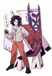  1girl archaludon assault_vest_(pokemon) badfish08 black_hair black_shoes brown_eyes clothed_pokemon collared_shirt colored_sclera full_body grey_jacket hand_on_own_hip highres holding holding_poke_ball jacket luxury_ball naranja_academy_school_uniform necktie orange_necktie orange_pants pants poke_ball pokemon pokemon_(creature) pokemon_sv purple_vest red_vest school_uniform shirt shoes short_hair simple_background speech_bubble standing striped_clothes striped_pants translation_request vertical-striped_clothes vertical-striped_pants vest white_background white_shirt yellow_eyes yellow_sclera 