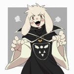  1boy absurdres animal_ears asriel_dreemurr blush brown_eyes fangs furry furry_male goat_boy goat_ears highres kageimo long_sleeves looking_at_viewer male_focus open_mouth short_hair skin_fangs smile tongue undertale white_hair 