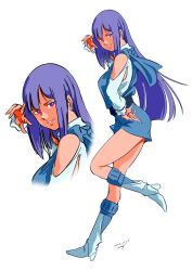  1980s_(style) 1girl artist_name blue_dress boots commentary_request dated dress full_body gundam gundam_zz high_heel_boots high_heels highres off_shoulder pgmajimaji purple_hair retro_artstyle roux_louka simple_background solo v violet_eyes white_background 