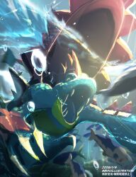  air_bubble blue_skin bo_(bouillustration) bubble claws colored_skin crocodilian fangs feraligatr highres mega_feraligatr mega_pokemon no_humans open_mouth pokemon pokemon_(creature) pokemon_focus sharp_teeth spikes teeth underwater yellow_eyes 