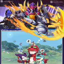  2boys aiming aiming_at_viewer armor beelzebumon blonde_hair commentary dclaret demon_boy digimon digimon_(creature) digimon_story:_time_stranger dinobeemon dracomon dragon drimogemon english_commentary evolutionary_line goggles goggles_on_head grankuwagamon green_jacket group_picture gun helmet highres holding holding_gun holding_sword holding_toy_gun holding_weapon impmon jacket kudamon_(digimon_savers) kuwagamon lilimon multicolored_jacket multiple_boys pink_armor pink_helmet purple_hair red_eyes red_hair slayerdramon sleipmon sword third_eye two-tone_jacket weapon white_jacket yellow_eyes yuuki_dan 