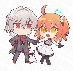  1boy 1girl ahoge antonio_salieri_(fate) antonio_salieri_(second_ascension)_(fate) black_gloves black_shoes chibi commentary_request couple cross fate/grand_order fate_(series) flying_sweatdrops fujimaru_ritsuka_(female) fujimaru_ritsuka_(female)_(waltz_in_the_moonlight/lostroom) full_body gloves grey_hair grey_pantyhose grey_shirt grey_suit hand_on_own_hip hetero holding_hands kimidorix32 long_sleeves one_side_up orange_hair pantyhose pinstripe_pattern pinstripe_suit red_eyes red_shoes shirt shoes short_hair skirt sleeveless sleeveless_shirt smile suit watermark white_skirt yellow_eyes 