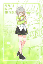  1girl averting_eyes black_shoes black_skirt buttons commentary_request costume_request crossed_arms dated full_body green_eyes green_jacket grey_hair happy_birthday highres hinomori_shiho holding holding_stuffed_toy jacket long_sleeves project_sekai sa-fu_(sfmk39) shirt shoes short_hair skirt solo standing stuffed_animal stuffed_penguin stuffed_toy watermark white_shirt wispy_bangs zoom_layer 