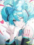  1girl absurdres aqua_eyes aqua_hair arm_tattoo bare_shoulders bow breasts chromatic_aberration cinnamiku collared_shirt confetti detached_sleeves grey_shirt grin hair_between_eyes hair_bow hand_up hatsune_miku heart highres looking_at_viewer multicolored_hair n8_(buse1601) necktie one_eye_closed sanrio shirt sleeveless sleeveless_shirt small_breasts smile streaked_hair tattoo upper_body vocaloid w 