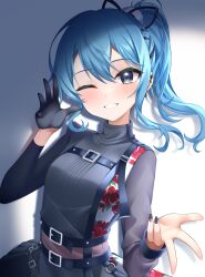  1girl black_gloves black_nails blue_eyes blue_hair commentary_request fuyumichi gloves high_ponytail highres hololive hoshimachi_suisei hoshimachi_suisei_(shout_in_crisis) looking_at_viewer official_alternate_costume one_eye_closed ponytail single_glove solo star_(symbol) star_in_eye symbol_in_eye upper_body virtual_youtuber 