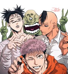  4boys absurdres black_hair black_sclera brothers brown_eyes choso_(jujutsu_kaisen) closed_mouth collared_shirt colored_sclera double_v eso_(jujutsu_kaisen) facial_mark finger_heart four-finger_heart_hands grey_sweater grin heart heart_hands highres holding hood hood_down hoodie itadori_yuuji jozpic jujutsu_kaisen kechizu_(jujutsu_kaisen) looking_at_viewer male_focus monster multicolored_hair multiple_boys one_eye_closed open_mouth orange_hoodie pink_eyes pink_hair shirt short_hair short_twintails siblings signature simple_background smile sweater teeth twintails two-tone_hair undercut v white_background white_shirt 
